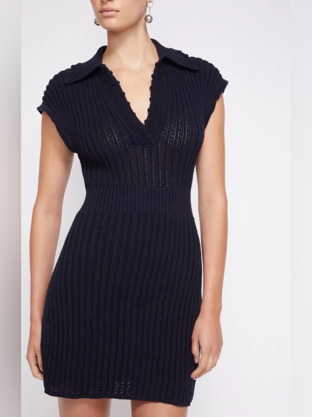 SIMKHAI Rosenda Luxe Cotton Pointelle Sweater Mini Dress Midnight Navy Size S